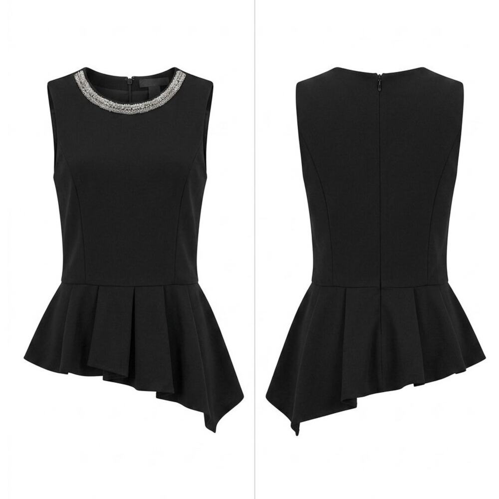 White House Black Market Black Beaded Neckline Peplum Top Women Size 0